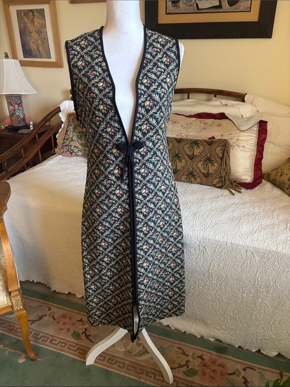 Vintage Sleeveless Long Brocade Vest - Black with stunning  Floral pattern.